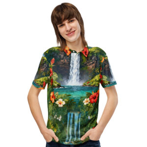 Paradise Falls Hidden Oasis Escape Tropical Waterfall Dream, Men’s slim fit polo