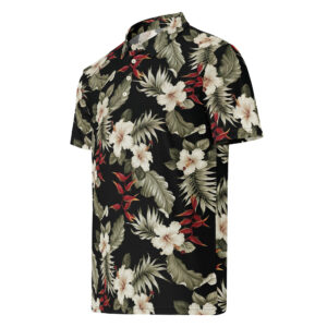 Design is cream hibiscus with sage/olive leaves and red heliconia on a black ground Men’s slim fit polo